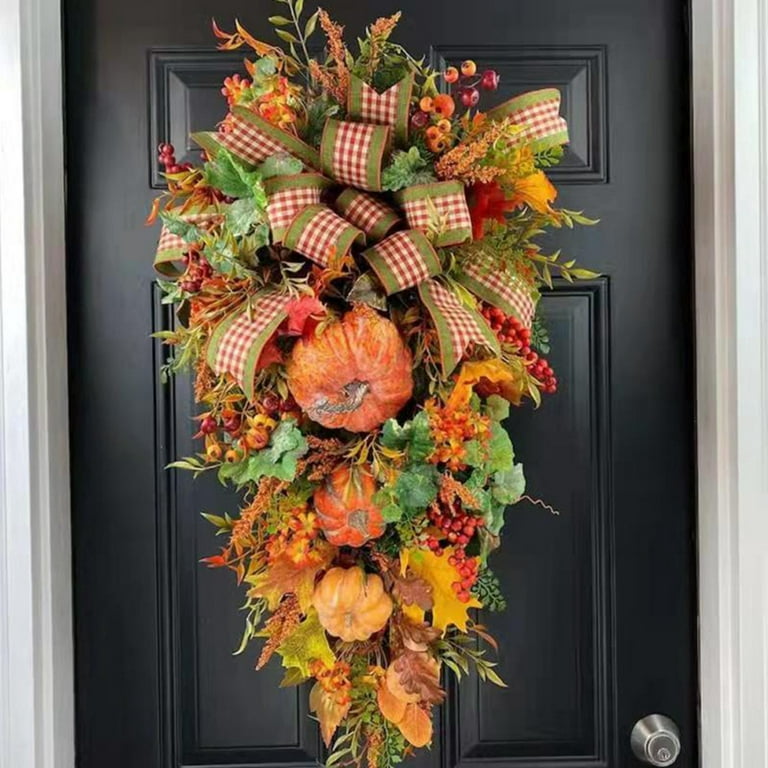 Artificial Fall Teardrop Hanging Wall Decoration, Decorated with Pumpkins,  Berry Clusters, Maple Leaves, Autumn Collection