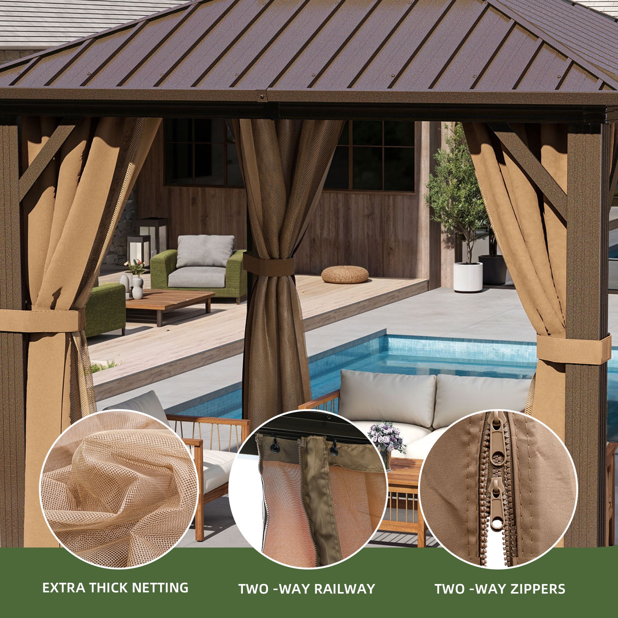 Uforic 10x10 FT Hardtop Gazebo, Heavy Duty Gazebo with Nettings and Curtains, Galvanized Steel Double Roof Gazebo,for Garden, Patio, Lawns,Bronze