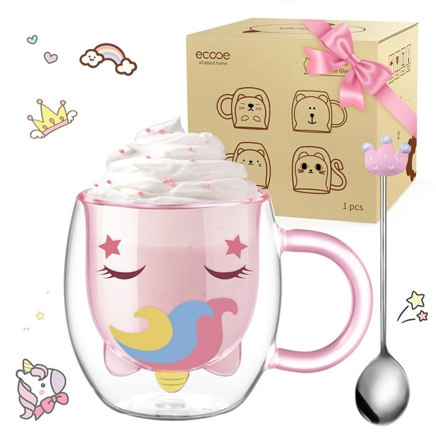 Taza de vidrio doble pared ecooe 280ml Unicornio con cuchara