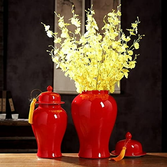 Modern Ceramic Ginger Jar with Lid, Red Decorative Porcelain Jars Temple Jar with Lids, Flower Vases Decor for Living Room Bedroom Shelf Bookshelf Gift L