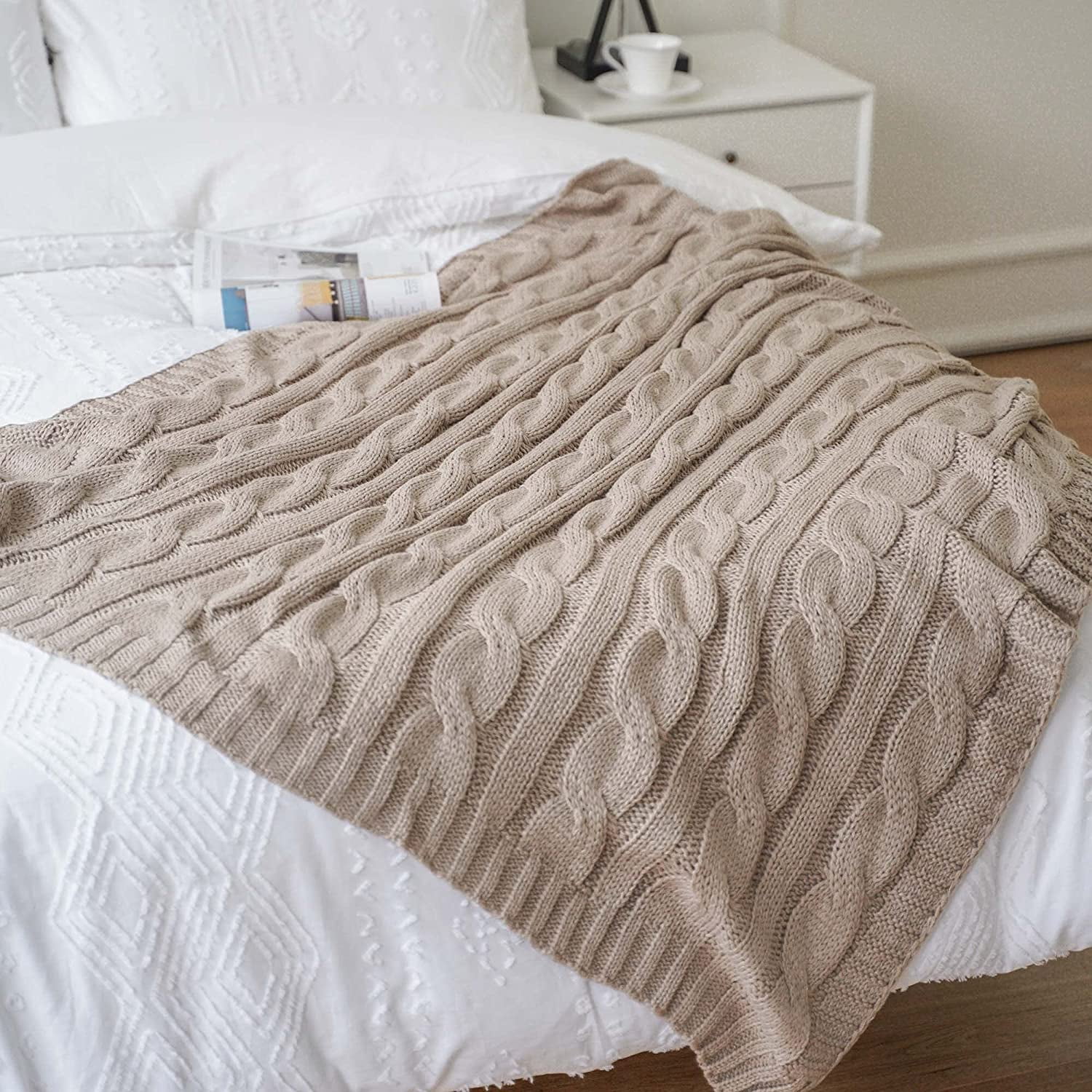 BATTILO Home Beige Cable Knit Throw Blanket for Sofa Comforter Couch Bed Recliner Living Room Bedroom Decor 50 x 60 Walmart