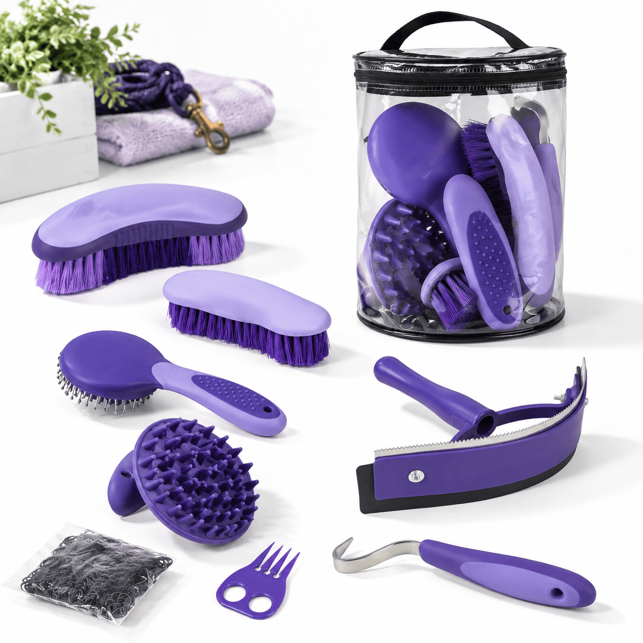 Purple 7 Piece Horse Kit with Currycomb Hoof Pick Scraper and Storage Bag