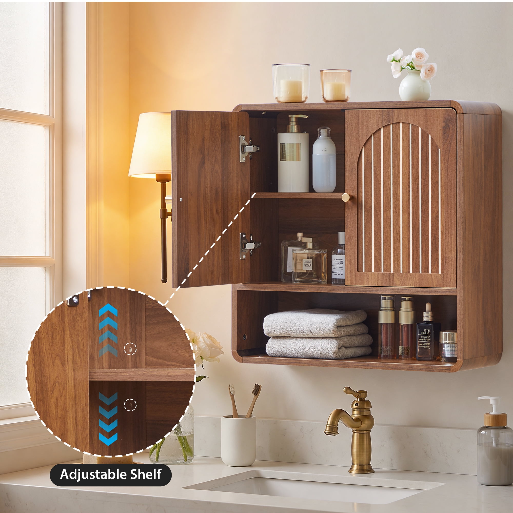 Wirrytor Fluted Wooden Medicine Cabinet Storage, Brown Bathroom Wall Cabinet with 2 Doors Adjustable Shelf and Towels Bar