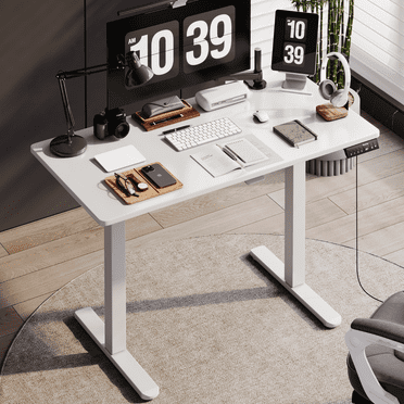 Bestier Electric Height Adjustable Standing Desk, 47x24 Inch Mobile 90° Flip Desk with Writable Desktop & Wheels in White