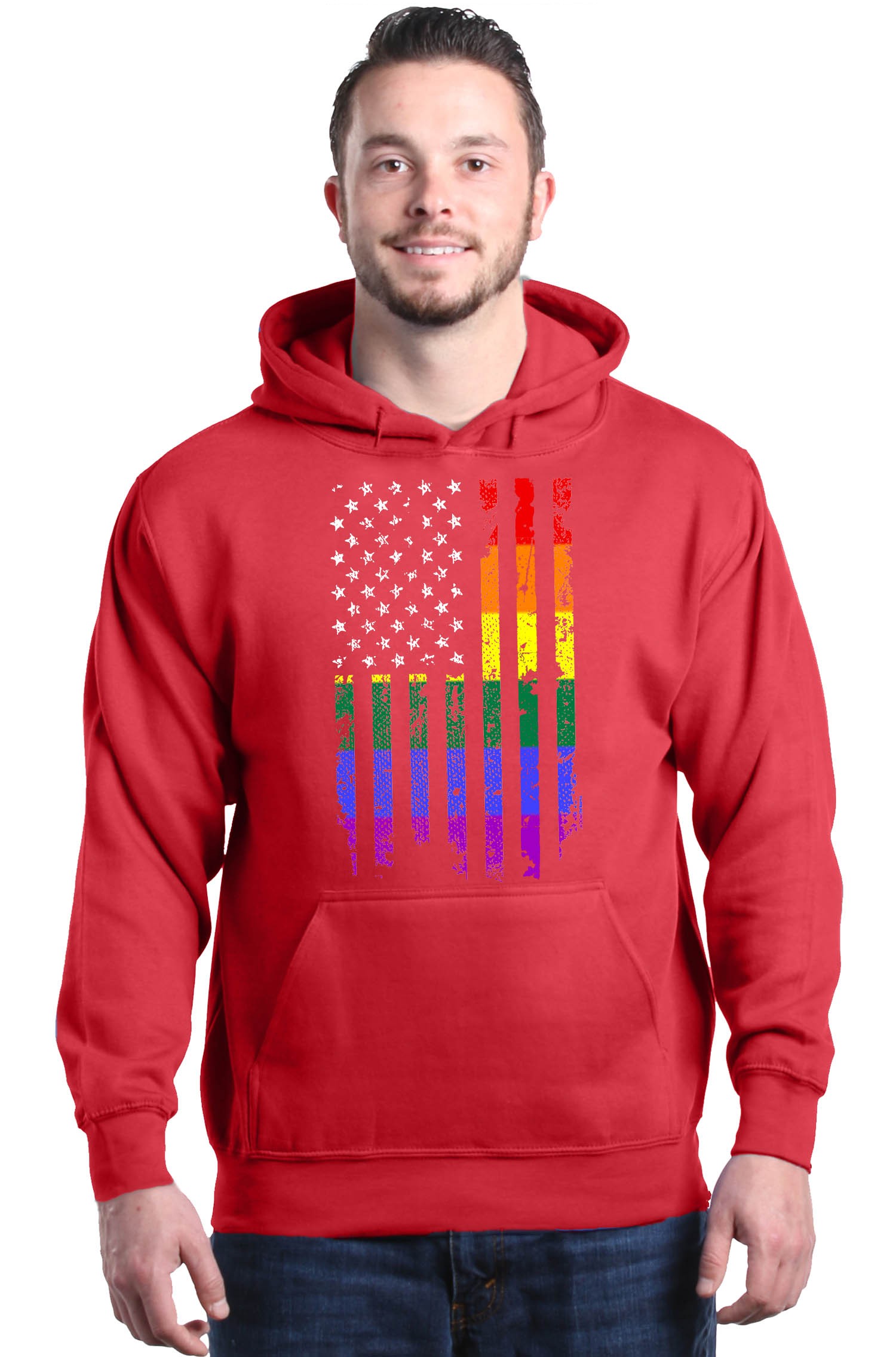Shop4Ever Men's Distressed Rainbow Flag Gay Pride Hooded Sweatshirt