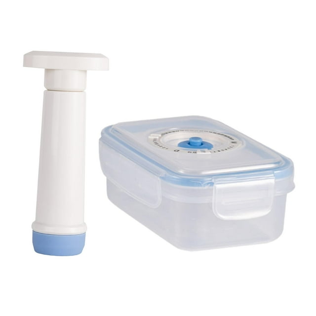Lipstore Vacuum Seal Container and Pump Fresh Keeping Box for Salads, Vegetables, and Meals with a 0.52L capacity. The set includes a transparent rectangular food-grade PP container with a blue silicone sealing loop and snap-lock lid, featuring a date record dial on the lid for tracking preservation time. Accompanied by a white and blue manual vacuum pump for airtight sealing. Suitable for storing fruits, vegetables, dry foods, and meals, and compatible with refrigerators and microwaves. Dimensions: 15.5cm x 11cm x 6cm for the container and 6cm x 3cm x 14cm for the pump.