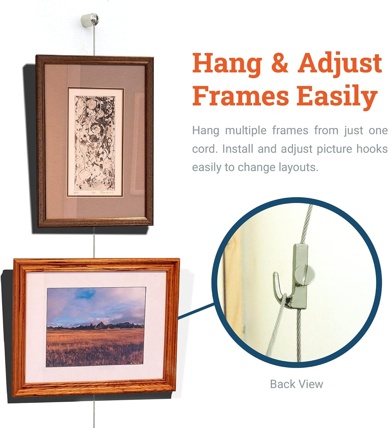 Picture Hang Solutions - 25-lbs Capacity Bullet Hanger with Steel Cable and Gallery Hooks - Gallery Hanging Systems
