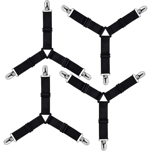 Adjustable fitted sheet with triangular tensioner, fixing strap (black, set of 4)