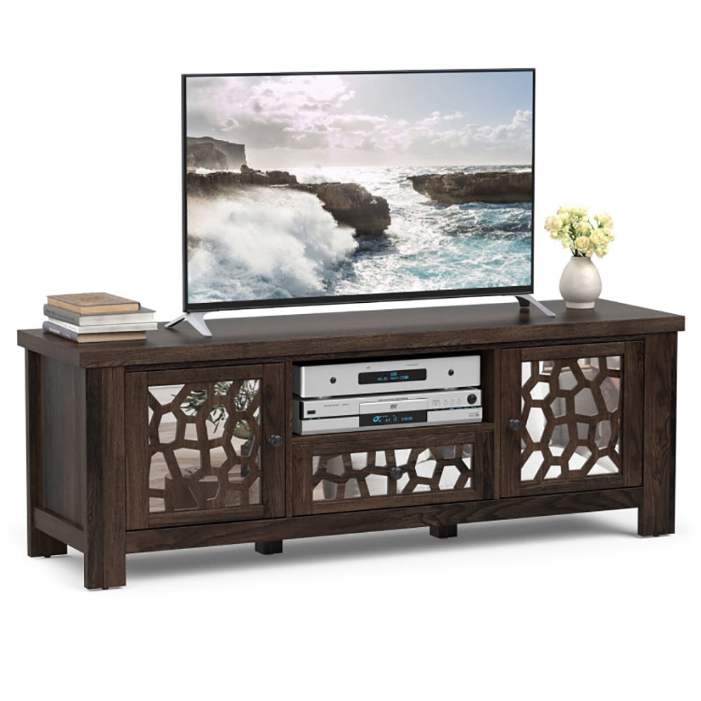 Finihen TV Stand, 55 Inch Retro TV Stand Media Entertainment Center with Mirror Doors and Drawer, for Living Room, Dark Brown