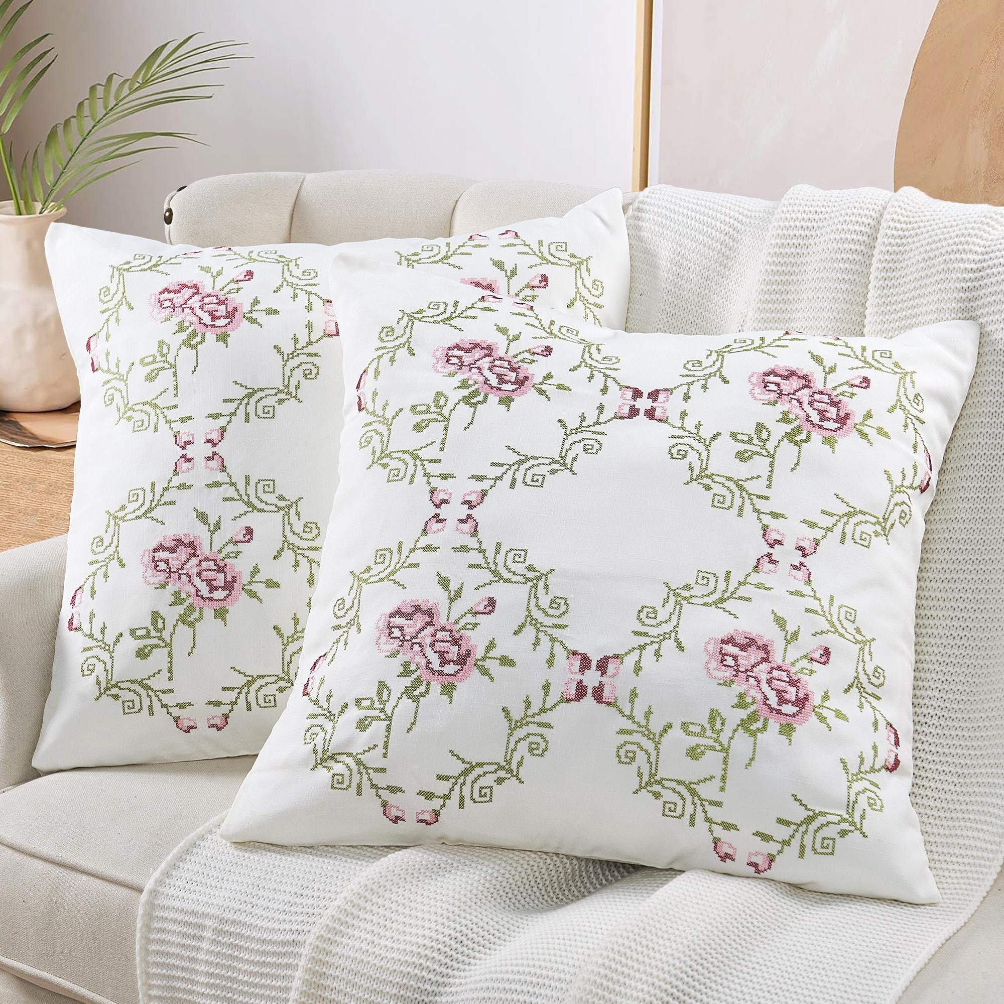 Home Soft Things Embroidery Canvas Throw Pillow Cover Pillow Case 2 Piece Set - Rose - Light Pink - 20" x 20"