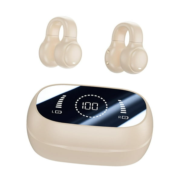 Auriculares auriculares con estuche de carga v5.3 clip de auriculares en auriculares para laptop deportiva todos los teléfonos inteligentes gimnasia corriendo caminando Beige