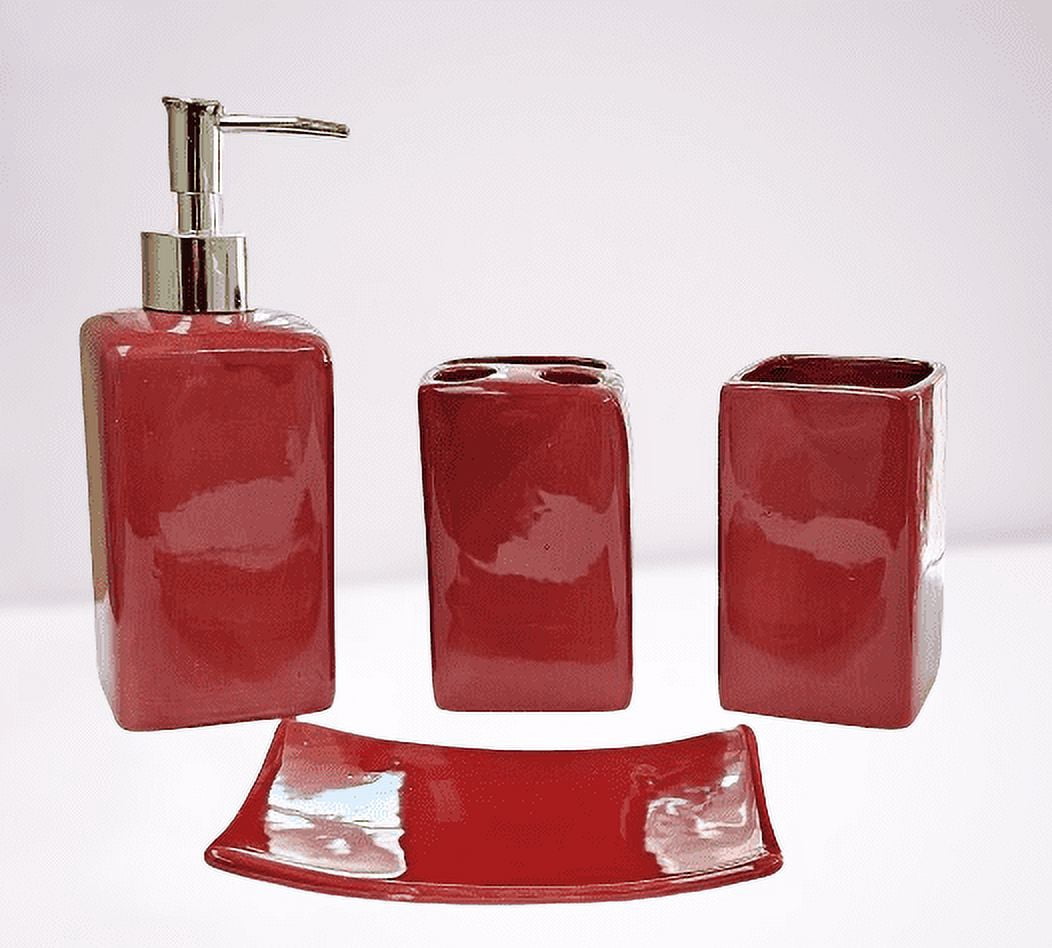 17 Pieces Bathroom Complete Set Shower Curtain with Hooks and Ceramic Accessories Set ( Wesley Burgundy )