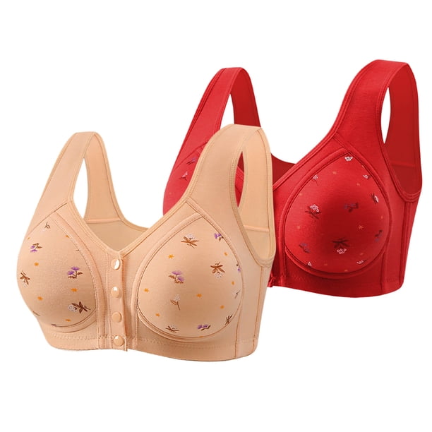 Karight 2-Pack Front Closure Daisy Bras for Women Comfort Wireless Full Coverage Button Front Everyday Bra for Seniors