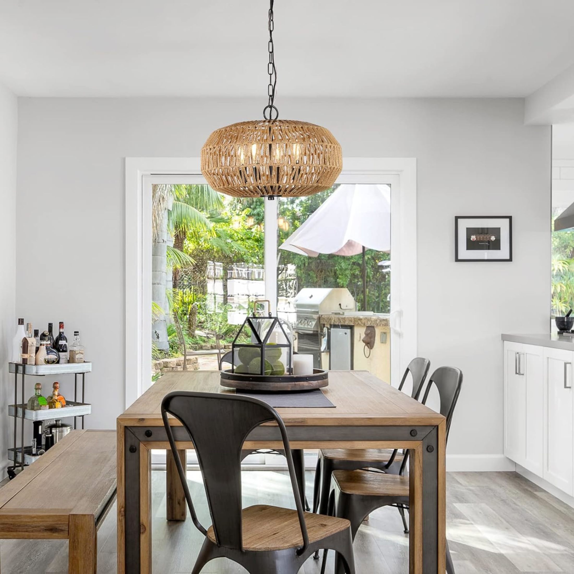 Noble House 15.7" Farmhouse Rattan Pendant Light, 4-Light Wicker Basket Chandelier for Dining Room & Foyer, Natural