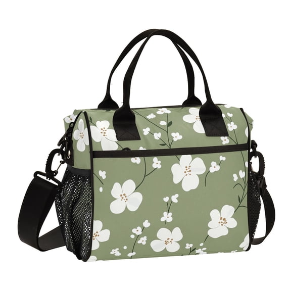 Ckdifva White Flowers in Green Cooler Bag Cooler Cooling Tote Lunch Bag Lunch Box Front Pocket with Shoulder Strap
