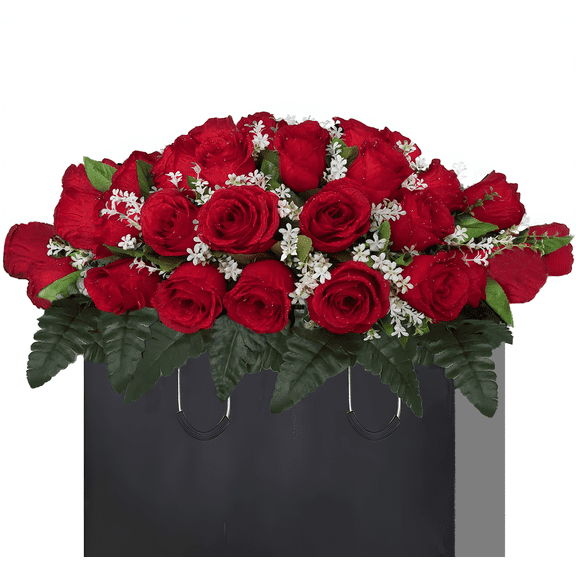 Artificial Roses Cemetery Silk Flowers Outdoor Grave Decorations Saddle Arrangement for Headstone,Tombstone Memorial Decorations,Easy Fit