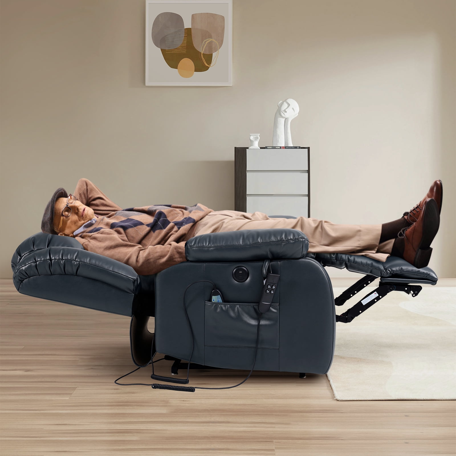 TEKAMON Infinite Position Lift Recliner Chair for Elderly with Heat and Massage Lay Flat Sleeping Leather Dual Motor Power Lift Chair for Living Room (Blue)