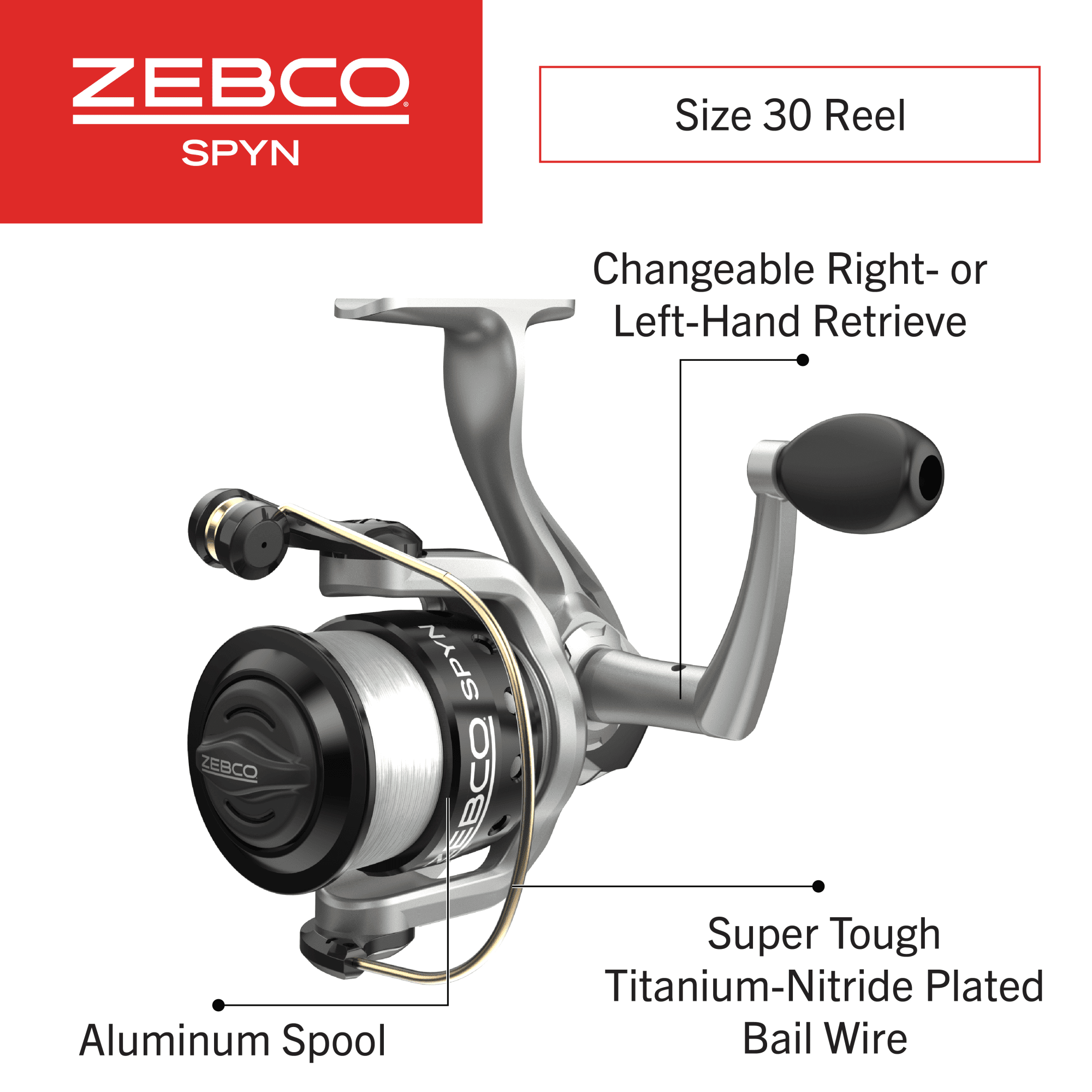 Zebco Spyn Spinning Fishing Reel, Size 30 Reel, Aluminum Spool, Super Tough  Titanium-Nitride Plated Bail Wire, 5.3:1 Gear Ratio, Pre-Spooled with  10-Pound Zebco Line, Silver/Black 
