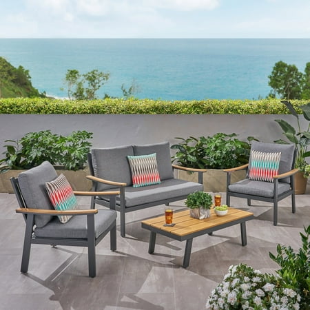 Aluminum 4 Piece - Christopher Knight Home Sinclair Outdoor 4 Piece Aluminum and Faux Wood Chat Set by