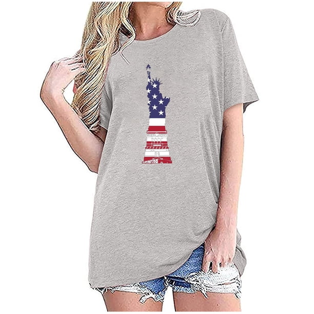 Tops Cortos para Mujeres Bandera de Moda Impresa Cuello Redondo, Camiseta de Manga 3/4 para Uso Diario, Casero Y Cómodo
