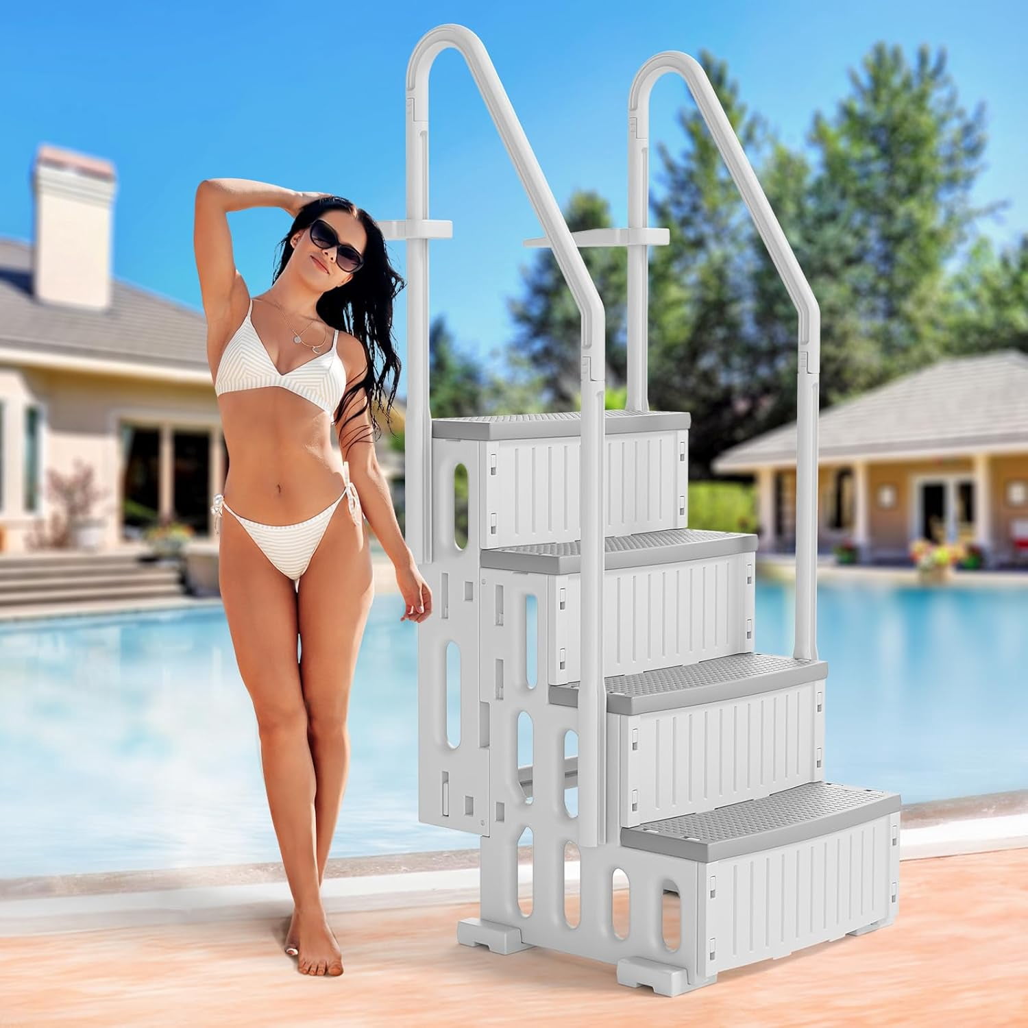 Zimtown 4-Step Above Ground Pool Ladder, Gray Plastic Entry Steps for Easy Pool Access