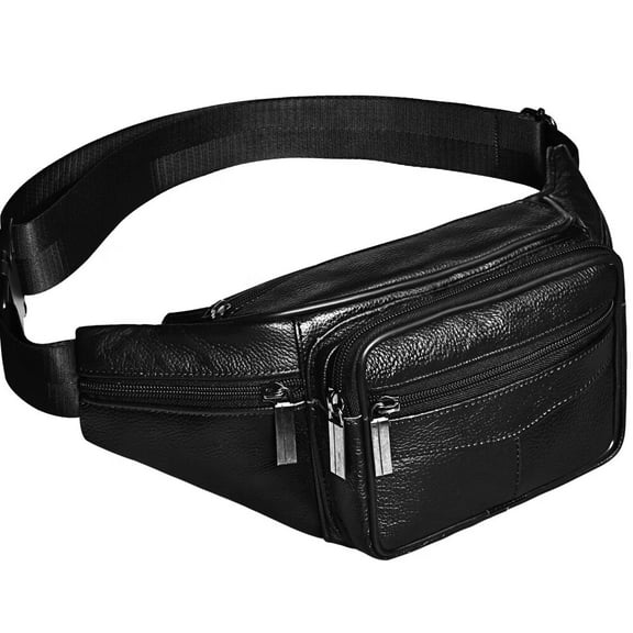Fanny Pack,Genuine Leather Fanny Pack For Women Or Men,Large Cowhide 6 Zipper Pockets With Adjustable Strap Of Belt Waist Pack For Daily Life,Travelling,Running,Hiking Black