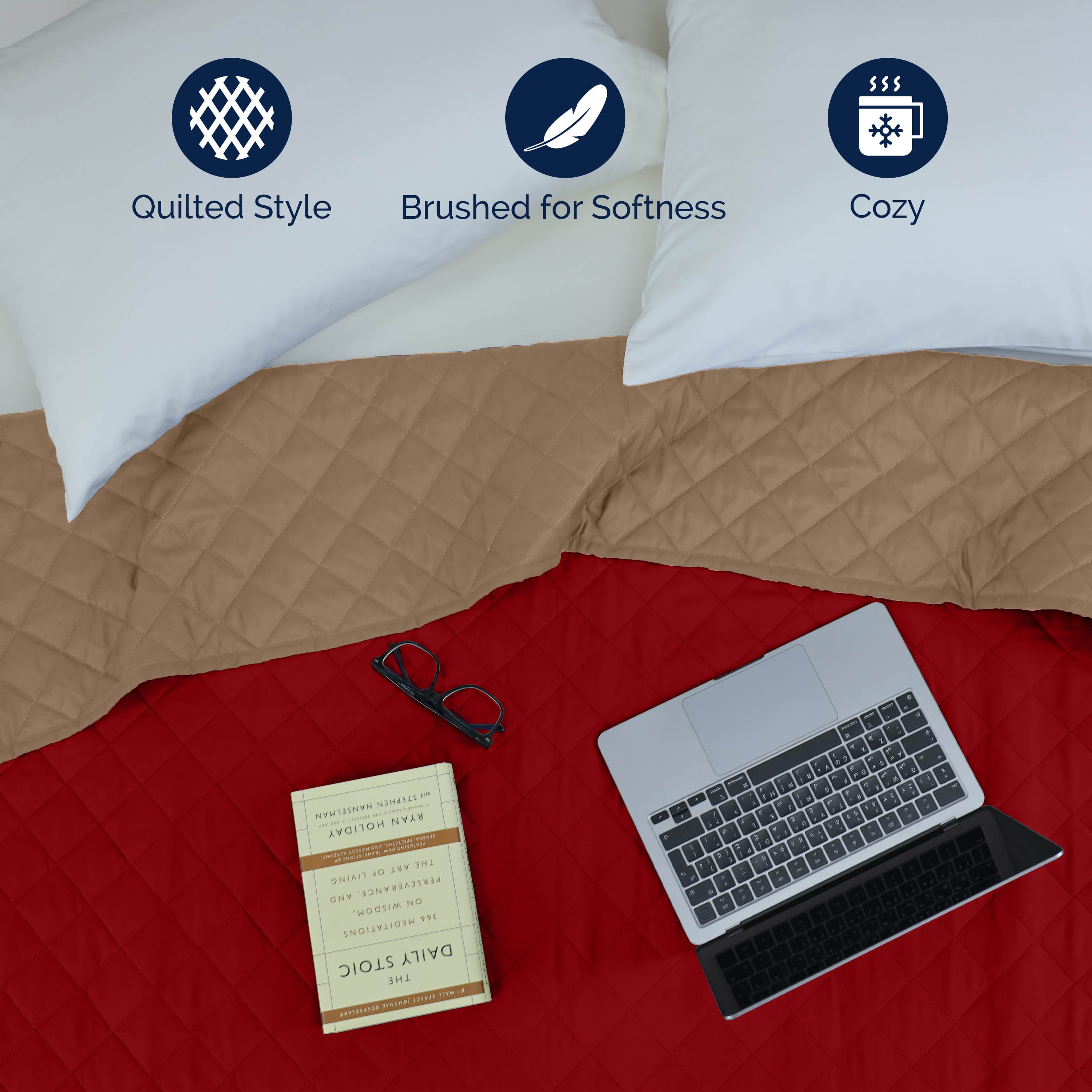 Martex Full/Queen Reversible Coverlet | Lightweight Soft Easy Care Quilt | Khaki/Red