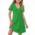 thumbnail image 2 of Spazoro Little and Big Girls Dresses, Solid Color V-Neck Short Sleeve with Pockets Casual Dresses for Girls Green Size 9 T, 2 of 7