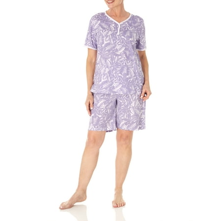 

AmeriMark Print Knit PJ Sleepwear Two Piece Pajama Short Set for Women Light Purple 1X