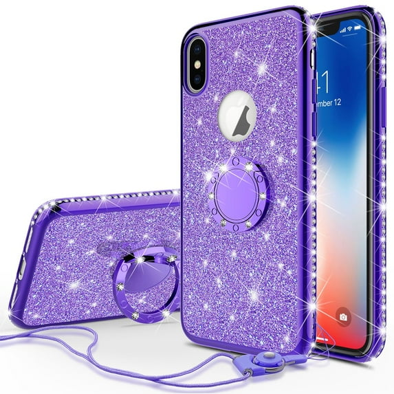 Glitter Cute Phone Case with Kickstand for Apple iPhone XR 2018 Case Bling Diamond Rhinestone Bumper Ring Stand Sparkly Clear Thin Soft Girls Women - Purple