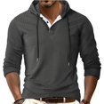 thumbnail image 3 of Men's Solid Color Stand Collar Quarter-Zip Hoodie, Casual Pullover Sweatshirt with Button Placket, Loose Fit Big & Tall Activewear, Fall Spring Gym Workout,Dark Gray,L, 3 of 6