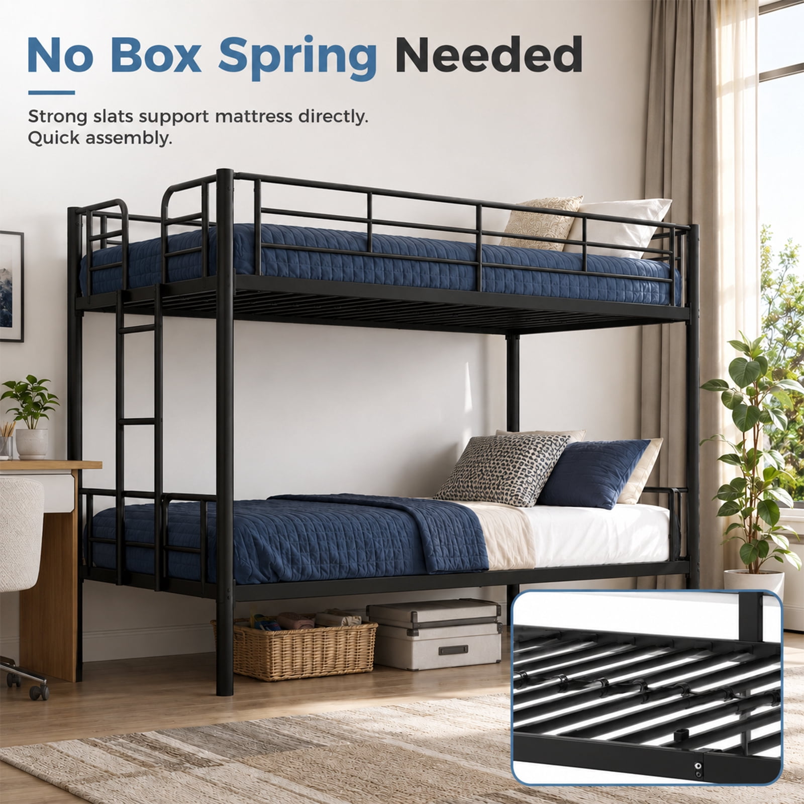Alvantor Metal Bunk Bed Twin Over Twin with Ladder and Guardrail, 400lb Heavy Frame, Easy Assembly, Steel Bed for School, Bedroom