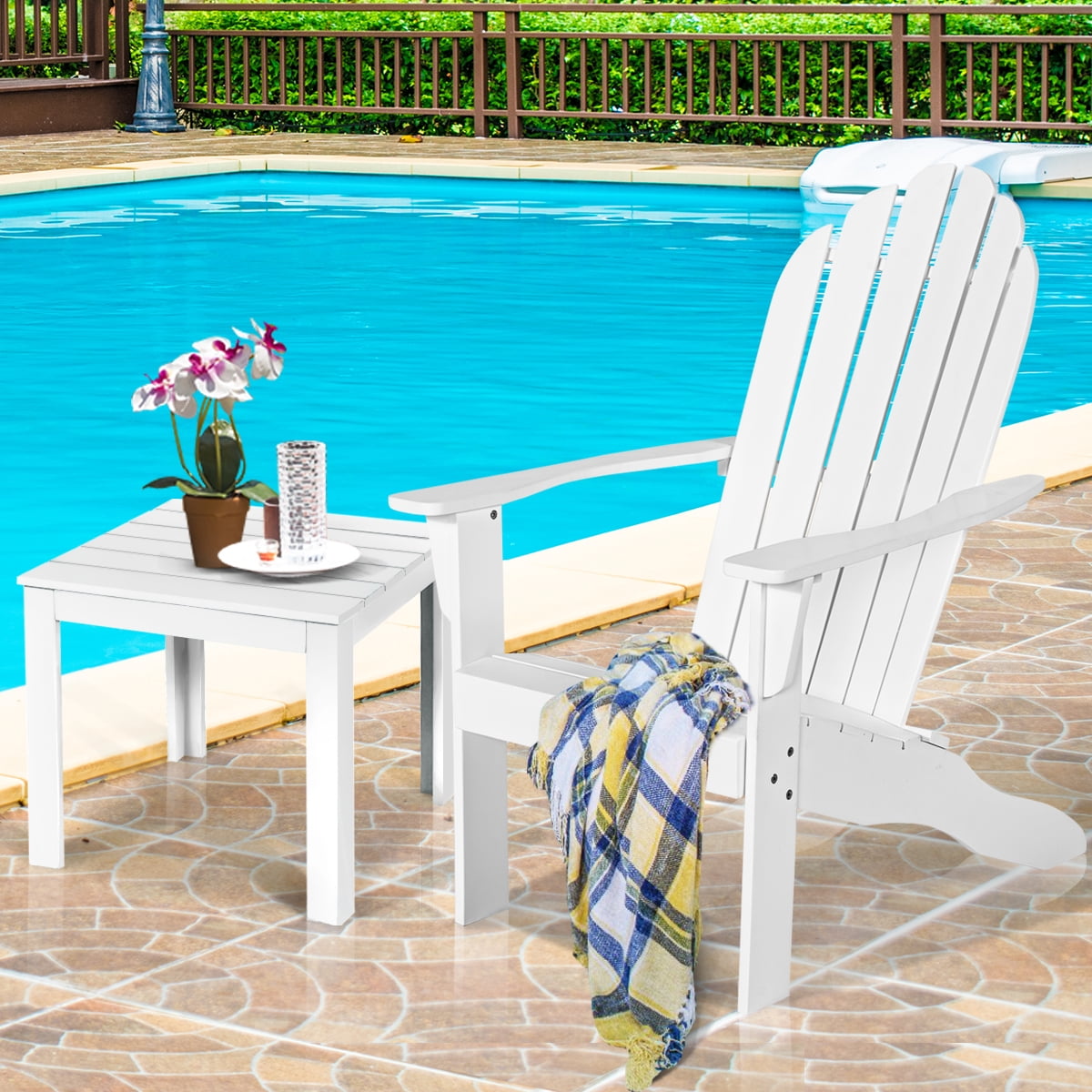 Costway Outdoor Adirondack Chair Accent Chair Solid Wood sturdy Patio Garden Furniture White