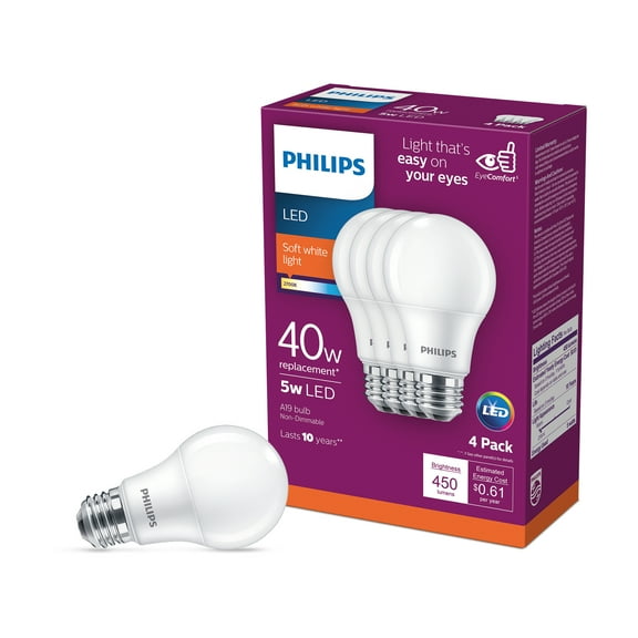 Philips LED 5 W (40 W Equivalent) frosted General Purpose Light Bulbs, A19 Bulb Shape, E26, Base (4 Pack)