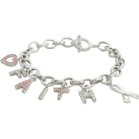 Created Pink and White Sapphire Sterling Silver Faith Charm Bracelet, 7.25