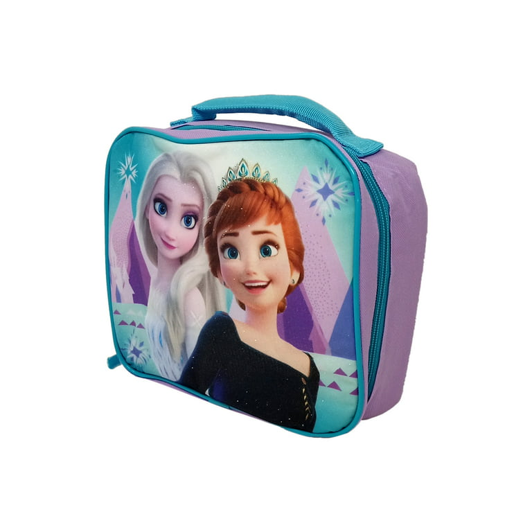 Disney Frozen Lunch Box with Princesses Elsa and Anna - Soft Insulated Lunch Bag for Girls, Purple Sparkle