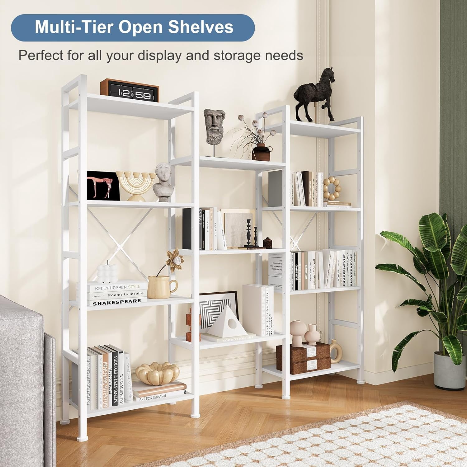 Atilioo Triple Bookshelf, 4-Tier Wide Bookcase with 11 Open Tall Display Shelves, Modern Industrial Book Shelves for Living Room Home Office, White