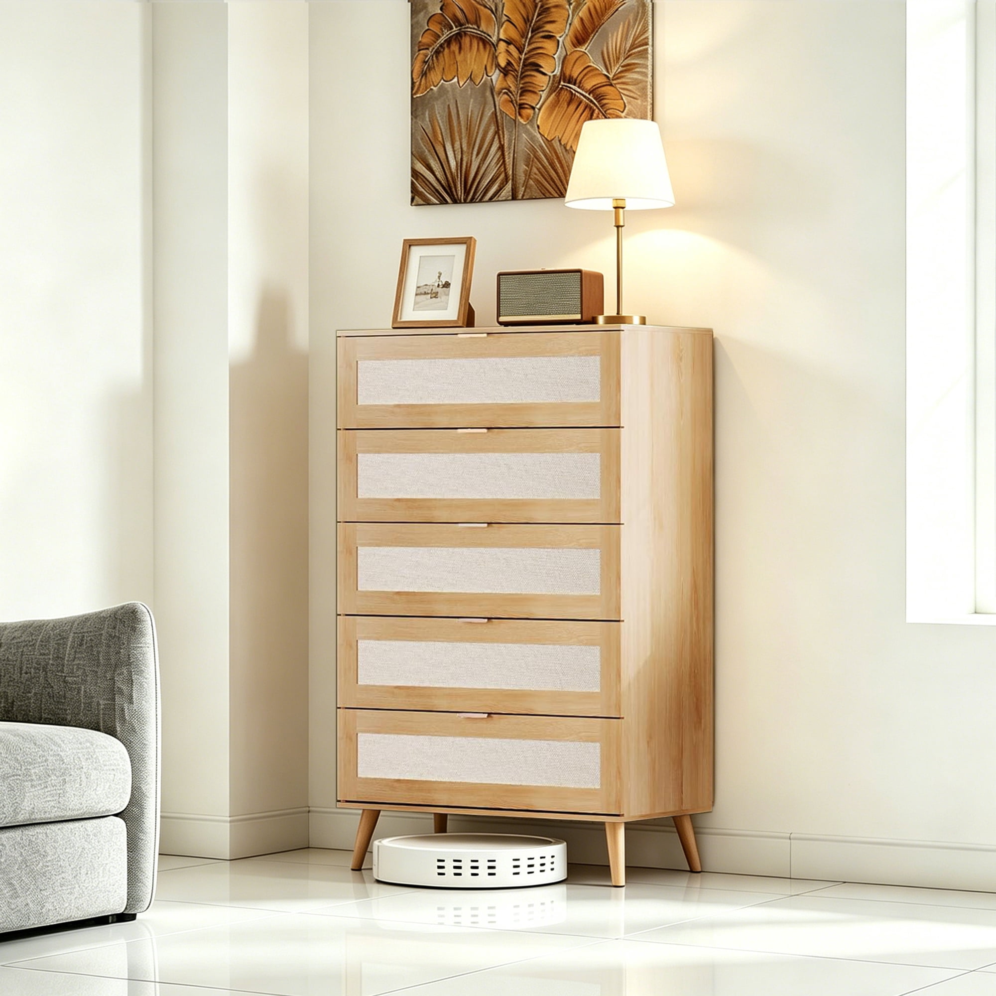 GALAXHERO Rattan 5 Drawer Dresser, Wooden Chest of Drawers, Boho Tall Dresser Closet Storage Organizer for Bedroom, Living Room, Hallway, Light Oak
