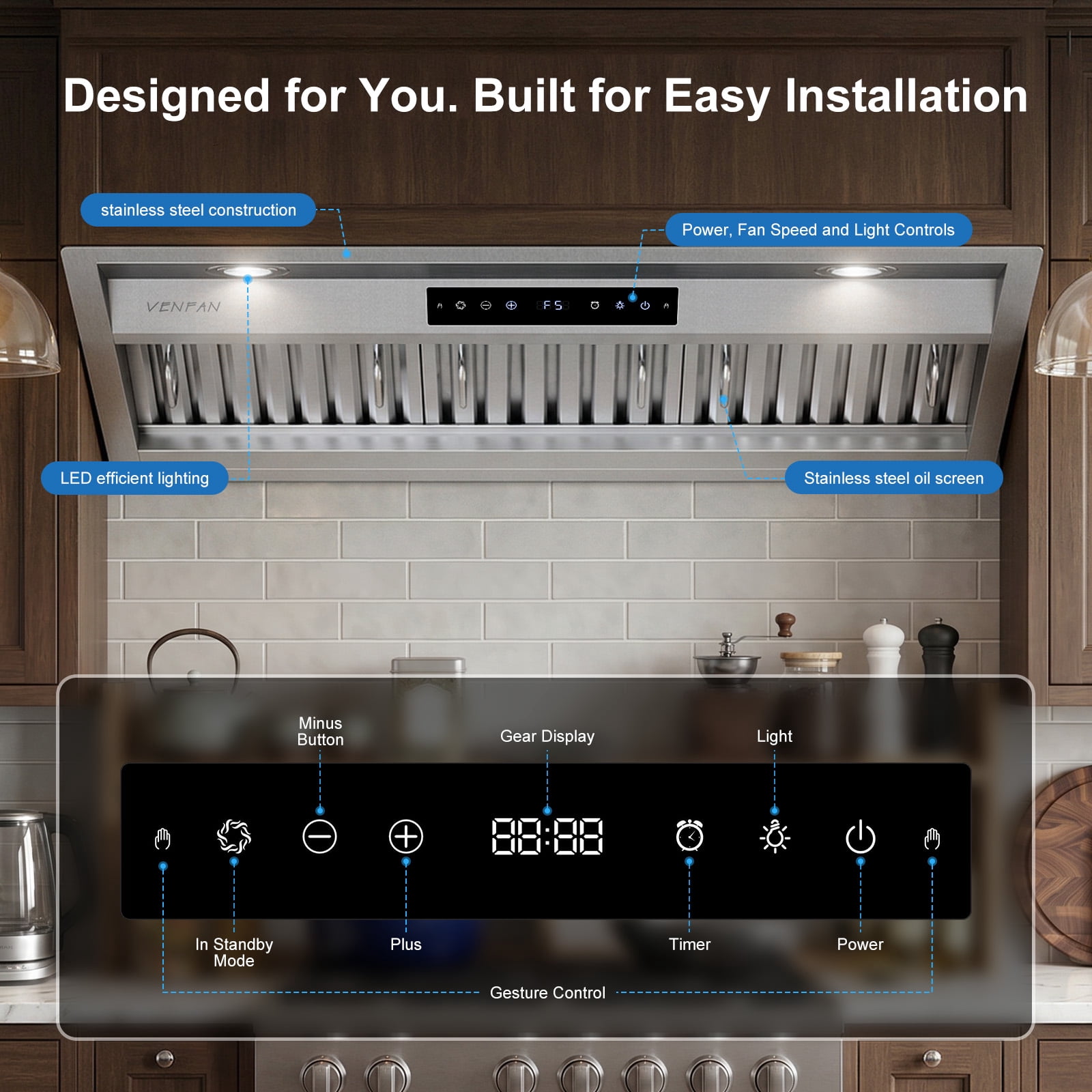 VENFAN 36 Inch Range Hood Insert , 1200 CFM Ultra Quiet Kitchen Vent Hood, Gesture & Touch Control, Ducted/Ductless Convertible, Stainless Steel with Memory Function