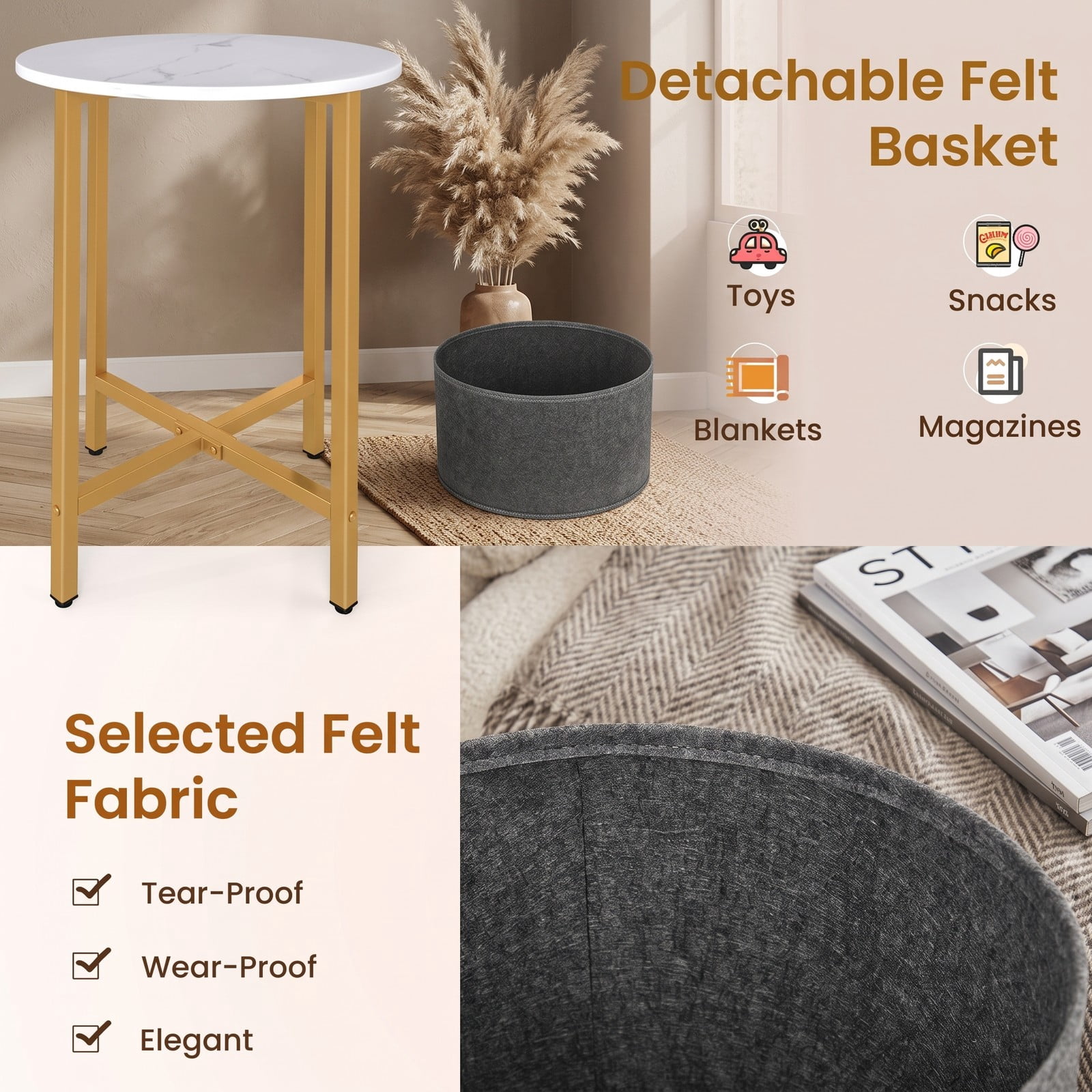 Furnibear Round End Table 2-Tier Side Table with Removable Fabric Basket and Sturdy Metal Frame for Living Room Bedroom Study Nightstand Storage, White