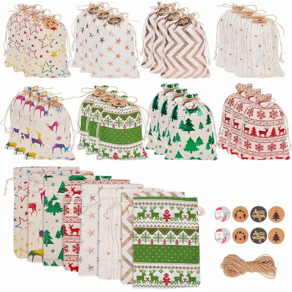 32 Sets 8 Styles Christmas Gift Bag Santa Claus Drawstring Burlap Bags Elk Candy Jewelry Pouch with 32pcs Paper Gift Tags Jute Cord for Gift Candy Packaging 7x5inch Making DIY