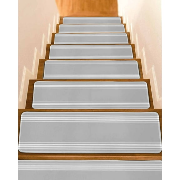 Grey Striped Stair Treads for Wooden Steps Indoor Runner Rug Carpet, Luxurious White Stripes Modern Abstract Art 10 Pieces Peel and Stick Staircase Step Treads Covers Washable Throw Door Mats, 30"x8"