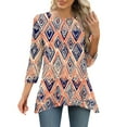 thumbnail image 4 of CYMMPU Summer Fashion Shirts 3/4 Sleeve Blouses for Women Dressy Casual Flower Printed Spring Tops Round Neck Tunic Tops Loose Fit Flare Hem Hide Belly Tops to Wear with Leggings T-Shirts Khaki L, 4 of 7