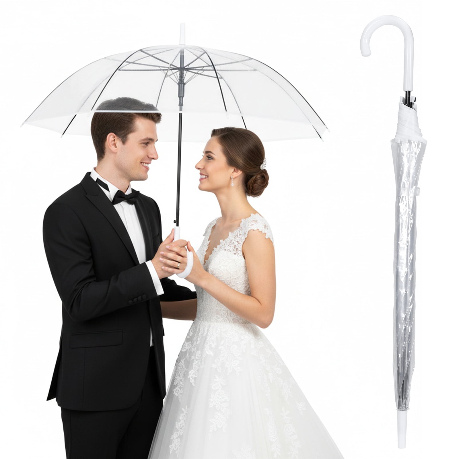 Qiyester 32-Pack Wedding Stick Umbrellas with J Hook Handle Auto Open Clear Umbrellas Bulk for Wedding Bride Groom Photography Golf Outdoor