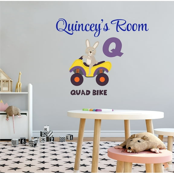 ALPHABET - Home Nursery Removable Quad Bike ATV Decoration Bunny Rabbit Animal Letter Q Alphabet Design Vinyl Adhesive Wall Decal - Multicolored Kids Bedroom Customized Name Wall Sticker 10" x 8"