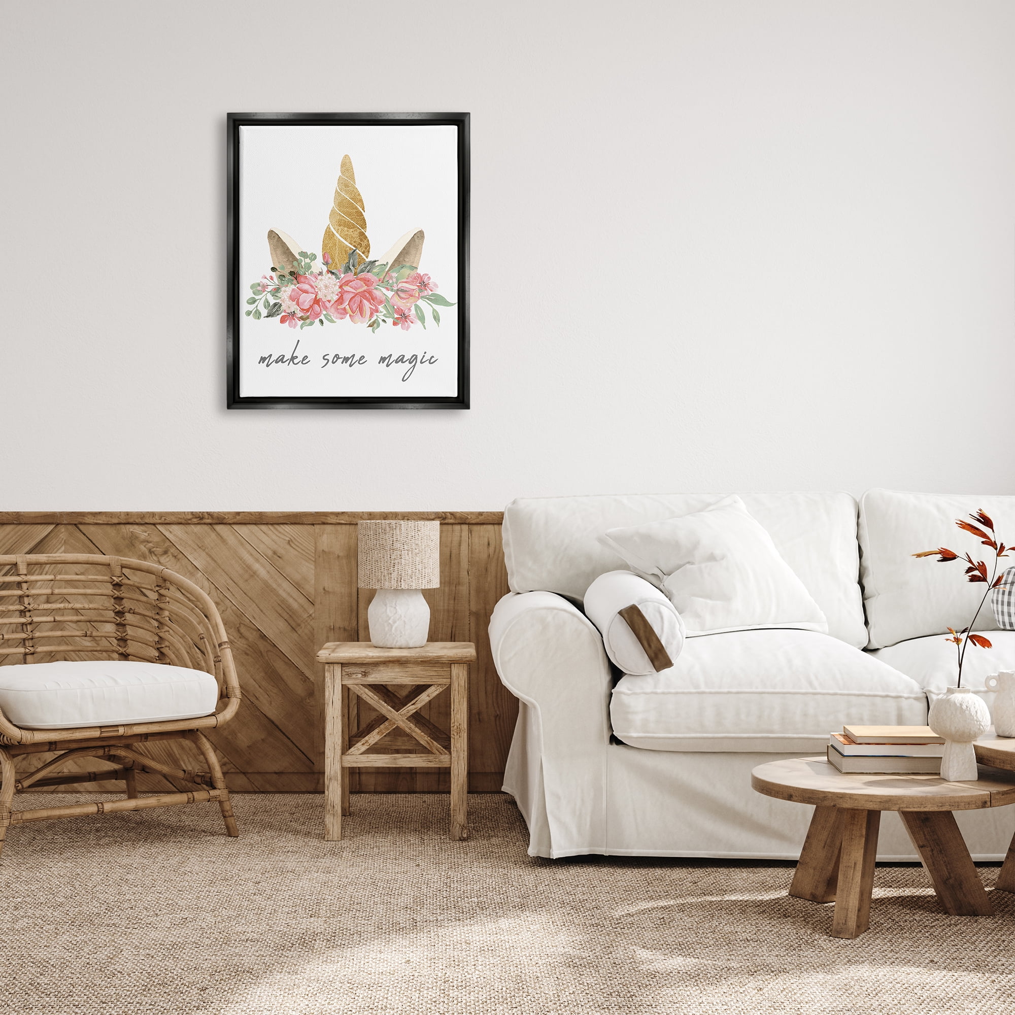 Stupell Industries Make Some Magic Unicorn Fairy Tales & Fantasy Painting Black Floater Framed Canvas Art Print Wall Art, 25 x 31