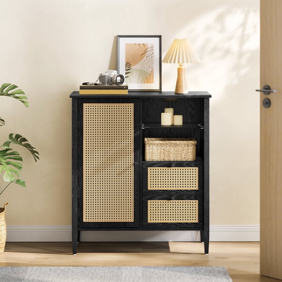Modern Rattan Sideboard Buffet Cabinet, Boho Kitchen Buffet Table Console Cabinets with with DrawersStorage Cabinet with Adjustable Shelves, Black