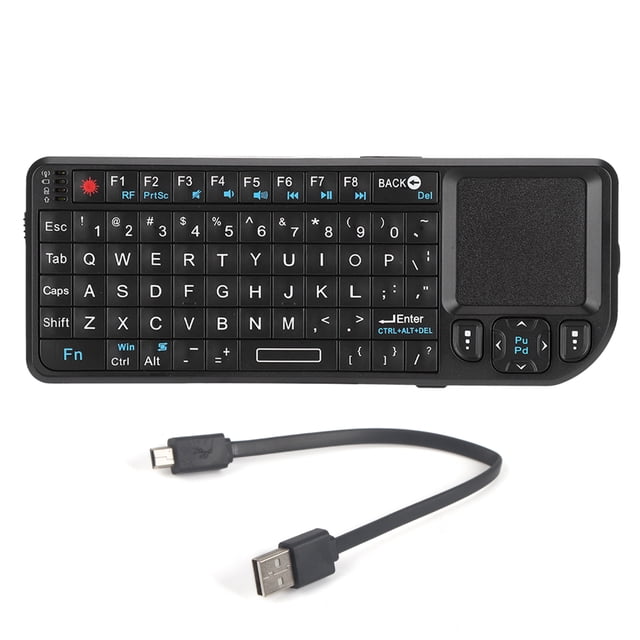 mini teclado inalámbrico sincero 3 en 1 windows 2000/xp/vista/7/os 10.x negro — Vista frontal centrada de un mini teclado QWERTY negro con 69 teclas, panel táctil a la derecha, botones direccionales y teclas de función en azul y blanco; incluye receptor USB y cable de carga micro‑USB. Adecuado para control remoto de PC, TV box o presentaciones.