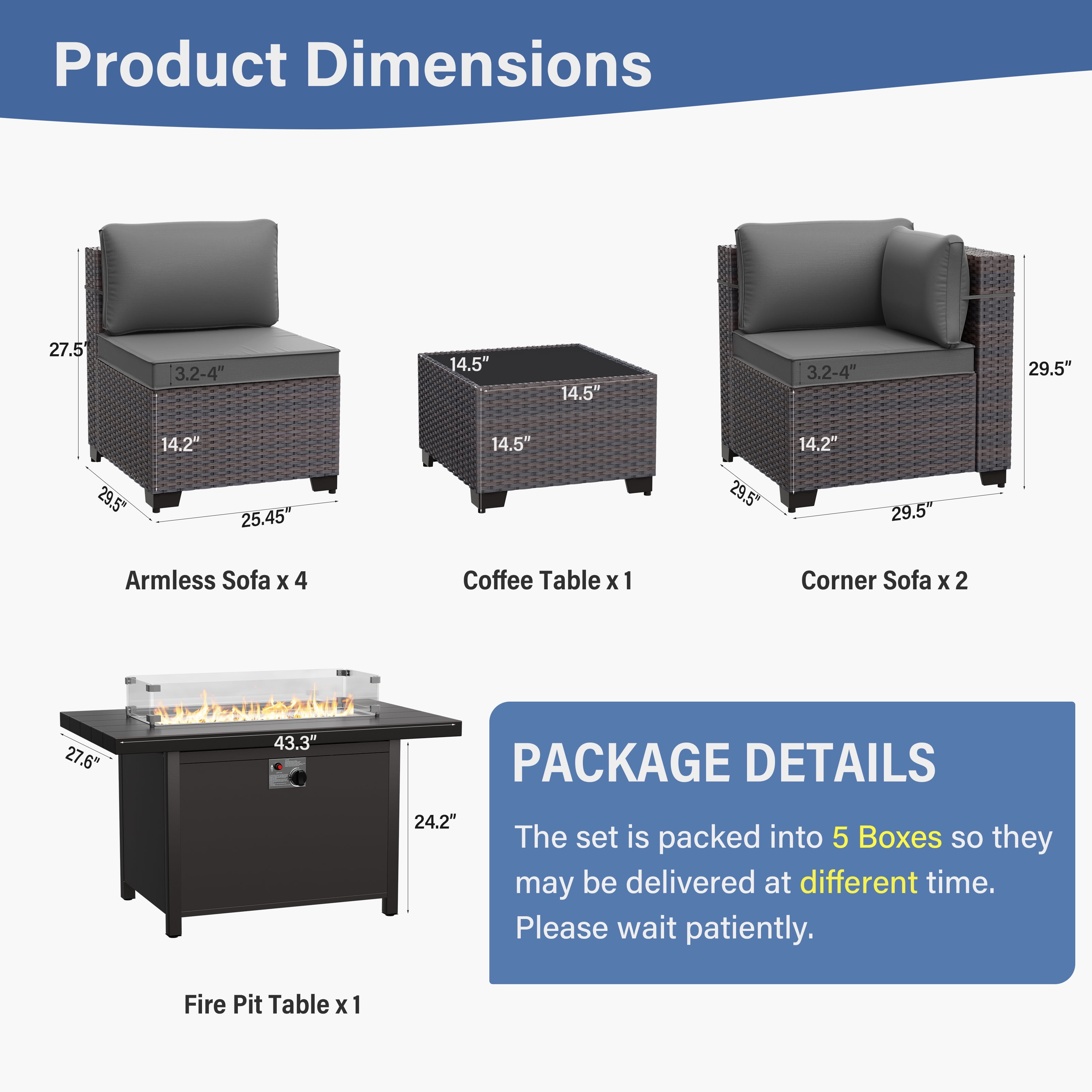 ALAULM 8 Pcs Patio Furniture Set withStainless Steel Gas Fire Pit Table, Brown/Gray