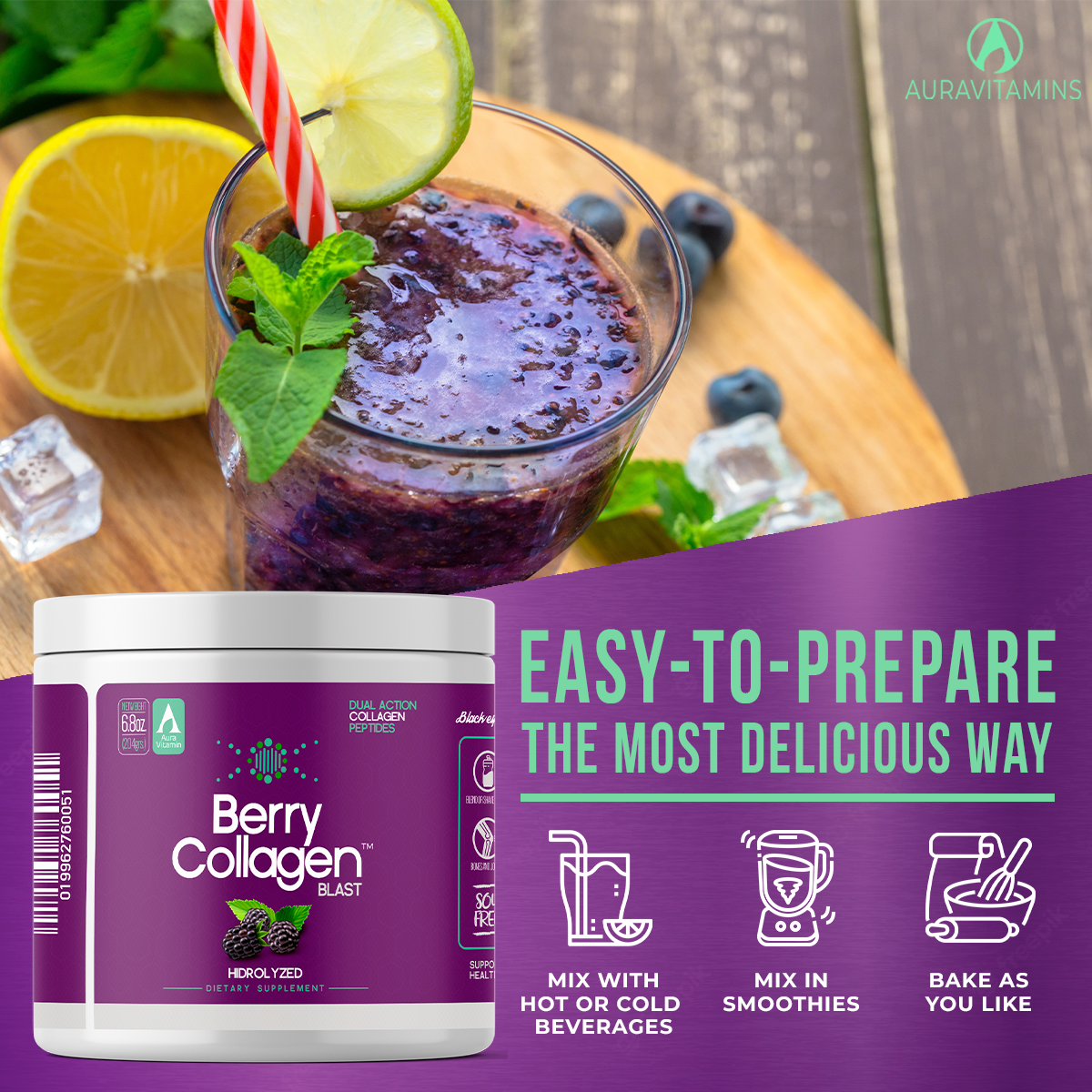 Berry Collagen Blast Powder Hydrolyzed (1) |Premium Blend Grass-fed - Soy Free | Dual Action Collagen Peptides | Support Bones and Joints | Blueberry & Blackberry | IGEN GMO - 204 Grams
